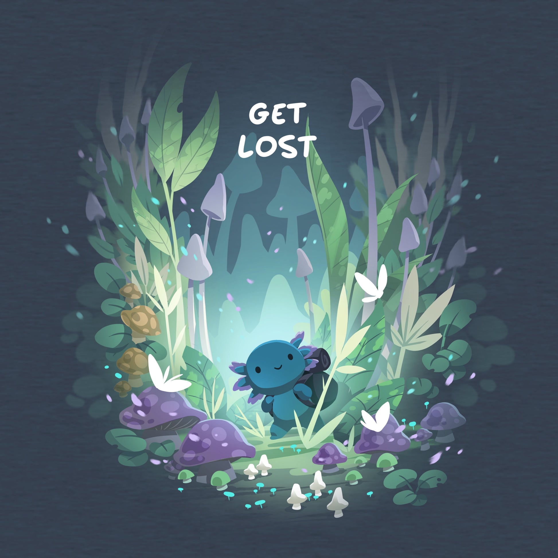 Classic Cotton T-shirt_TeeTurtle Axolotl Explorer heather navy t-shirt featuring an axolotl surrounded by vibrant, mystical forest plants and mushrooms, with the phrase "get lost" at the top.