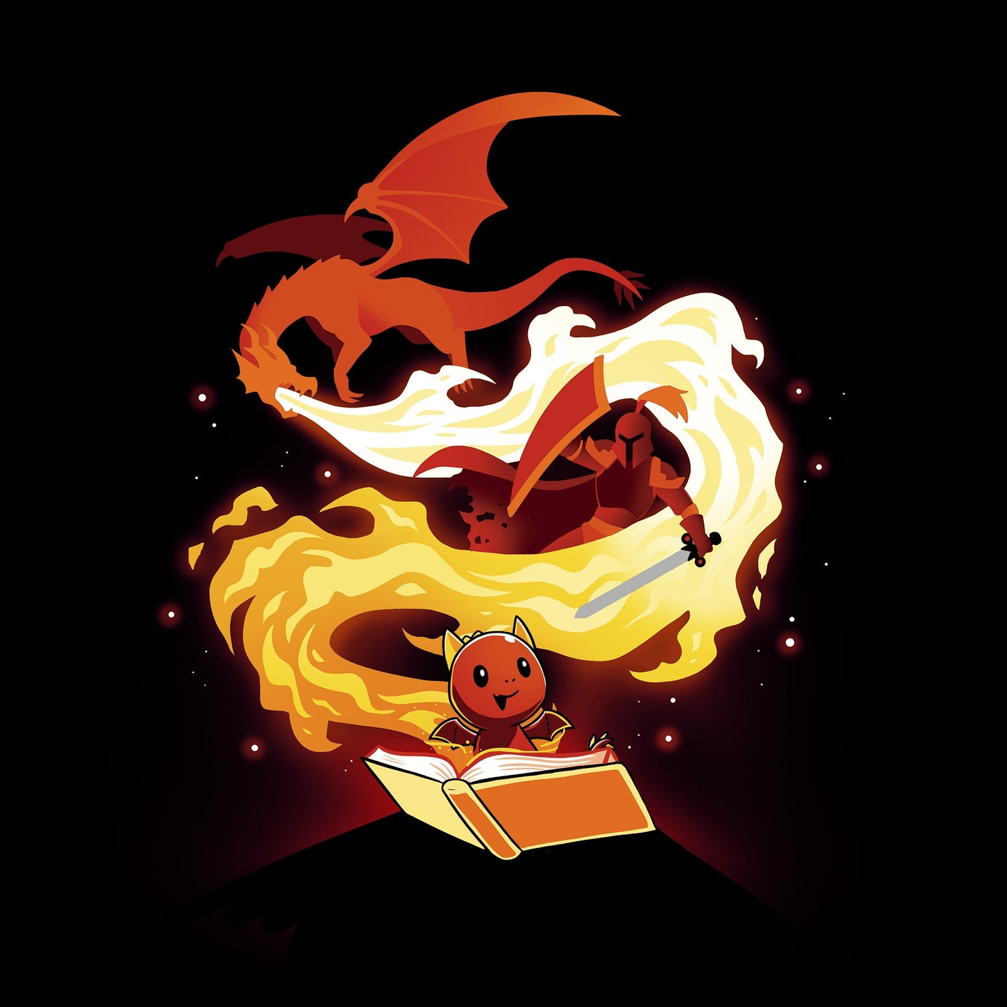 Classic Cotton T-shirt_TeeTurtle Get Lost black t-shirt featuring a red knight trying to slay a red, fire breathing dragon overhead that is spewing a spiraling flame, with a smaller red dragon holding a book smiling at the bottom.