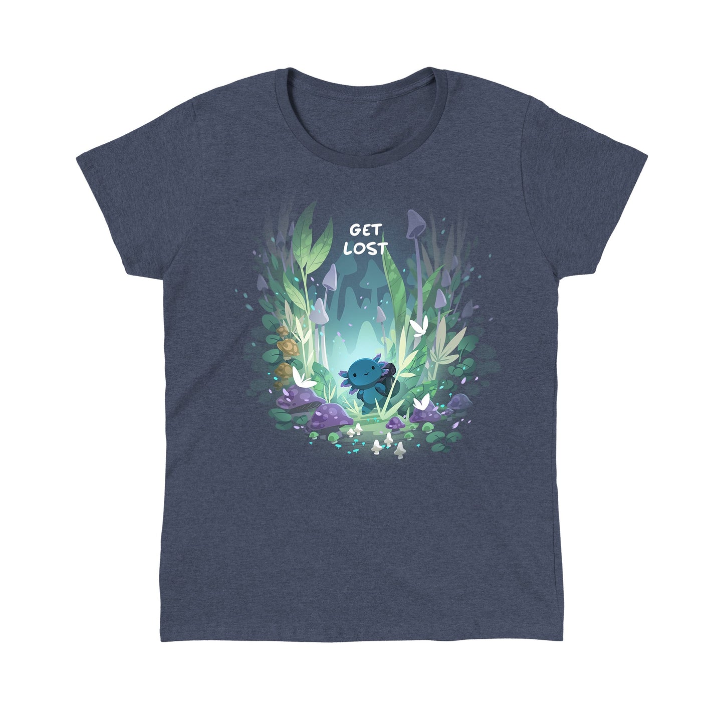 Classic Cotton T-shirt_TeeTurtle Axolotl Explorer heather navy t-shirt featuring an axolotl surrounded by vibrant, mystical forest plants and mushrooms, with the phrase "get lost" at the top.