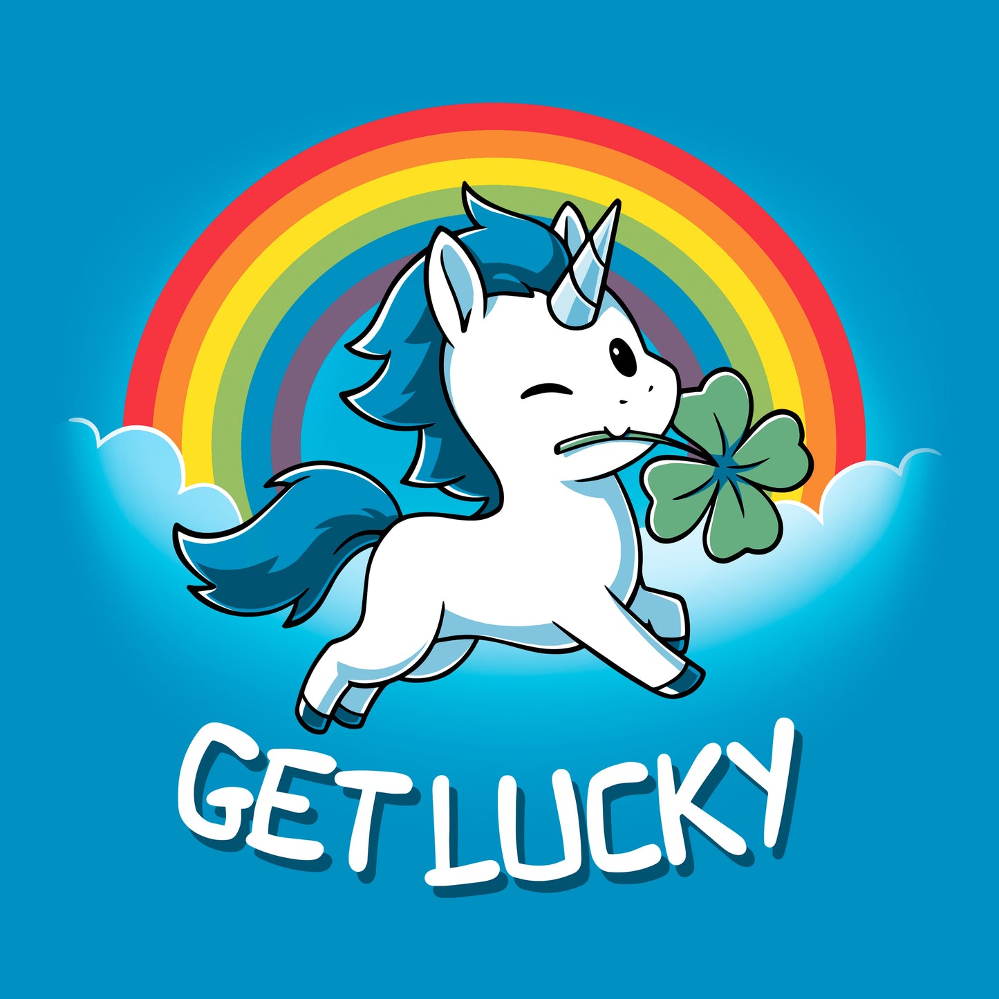 Classic Cotton T-shirt_Teeturtle Get Lucky sapphire blue t-shirt featuring a winking white unicorn holding a four-leaf clover while jumping through the clouds with a rainbow behind.