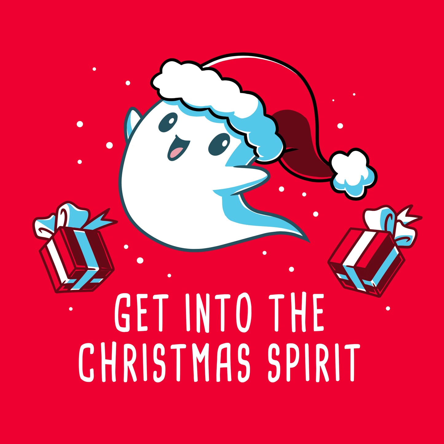 Classic Cotton T-shirt_TeeTurtle Get into the Christmas Spirit red t-shirt featuring a festive ghost in a Santa hat surrounded by presents.