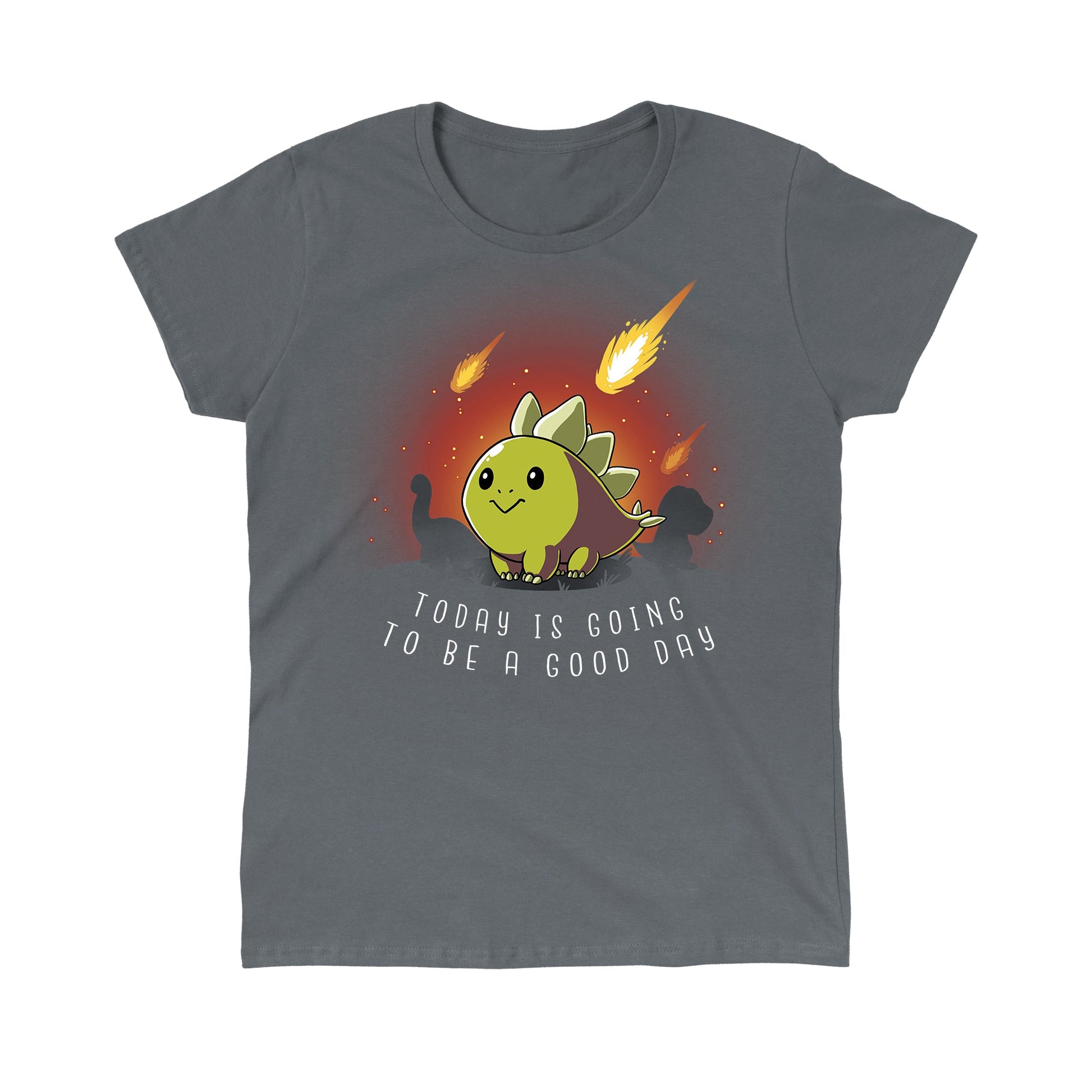 Classic Cotton T-shirt_TeeTurtle charcoal gray Good Day. Featuring an optimistic stegosaurus surrounded by falling apocalyptic meteors.