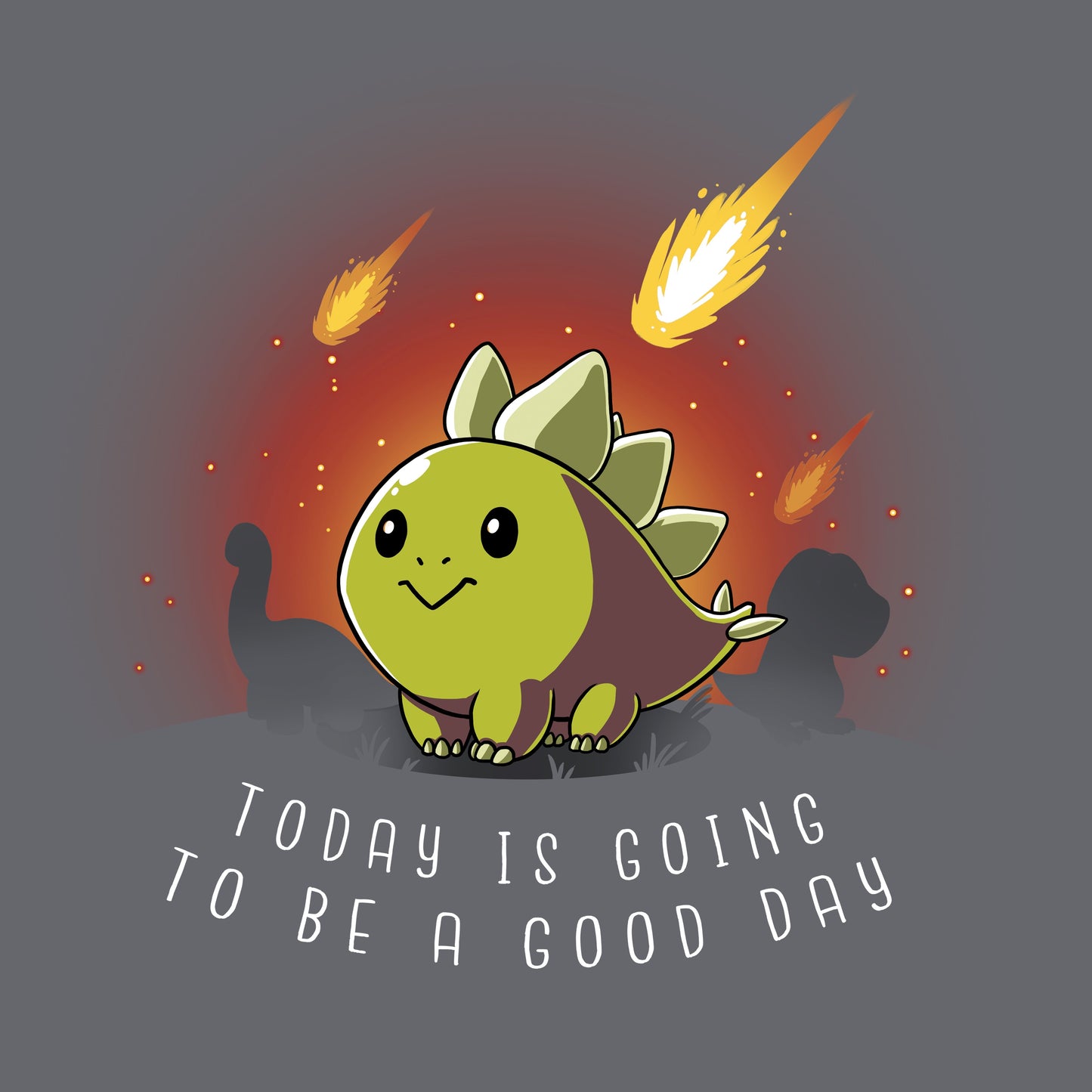 Classic Cotton T-shirt_TeeTurtle charcoal gray Good Day. Featuring an optimistic stegosaurus surrounded by falling apocalyptic meteors.