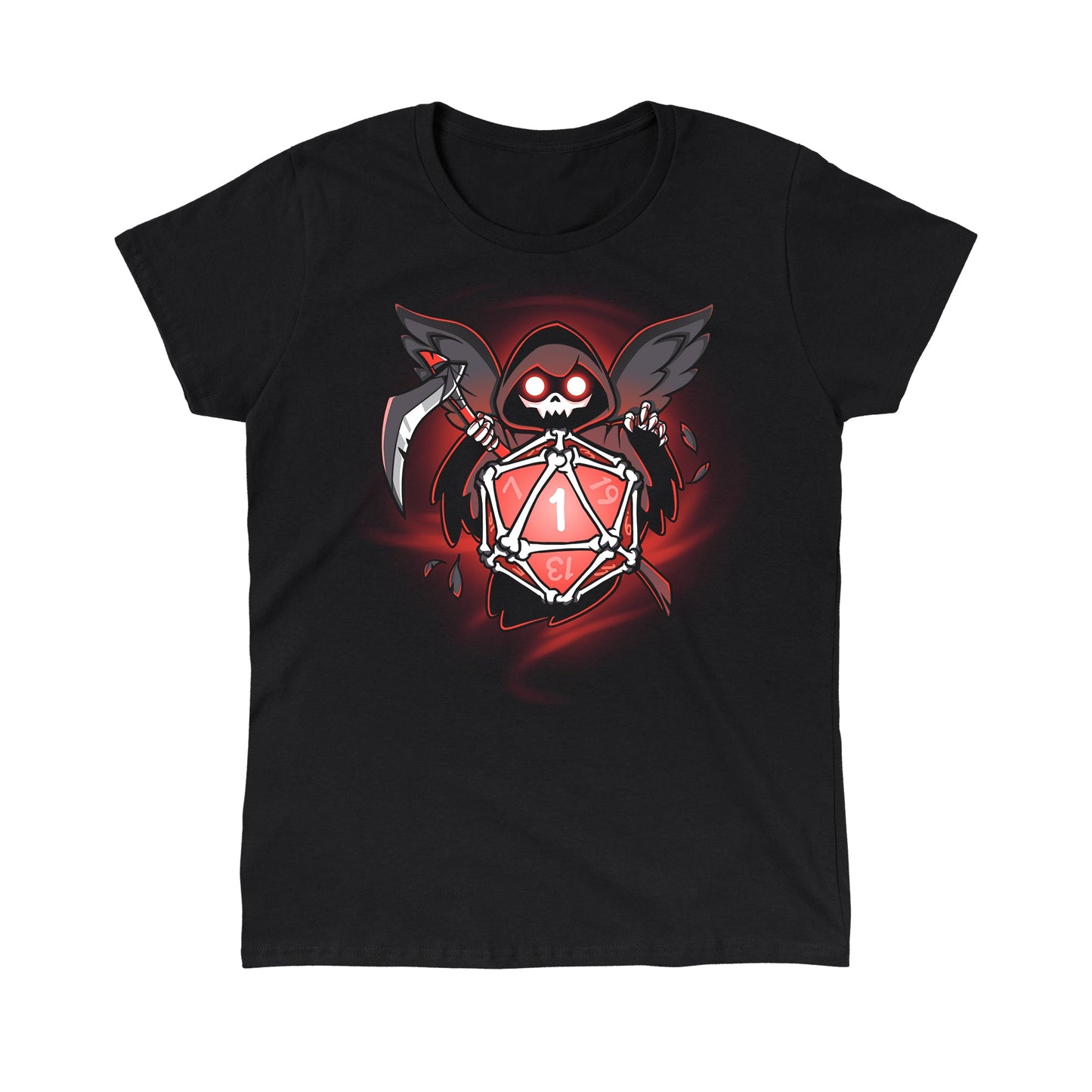 Classic Cotton T-shirt_TeeTurtle Grim Reaper's Roll black t-shirt featuring a hooded figure with wings and a scythe, holding a red 20-sided dice showing the number 1, surrounded by a dark, swirling background.