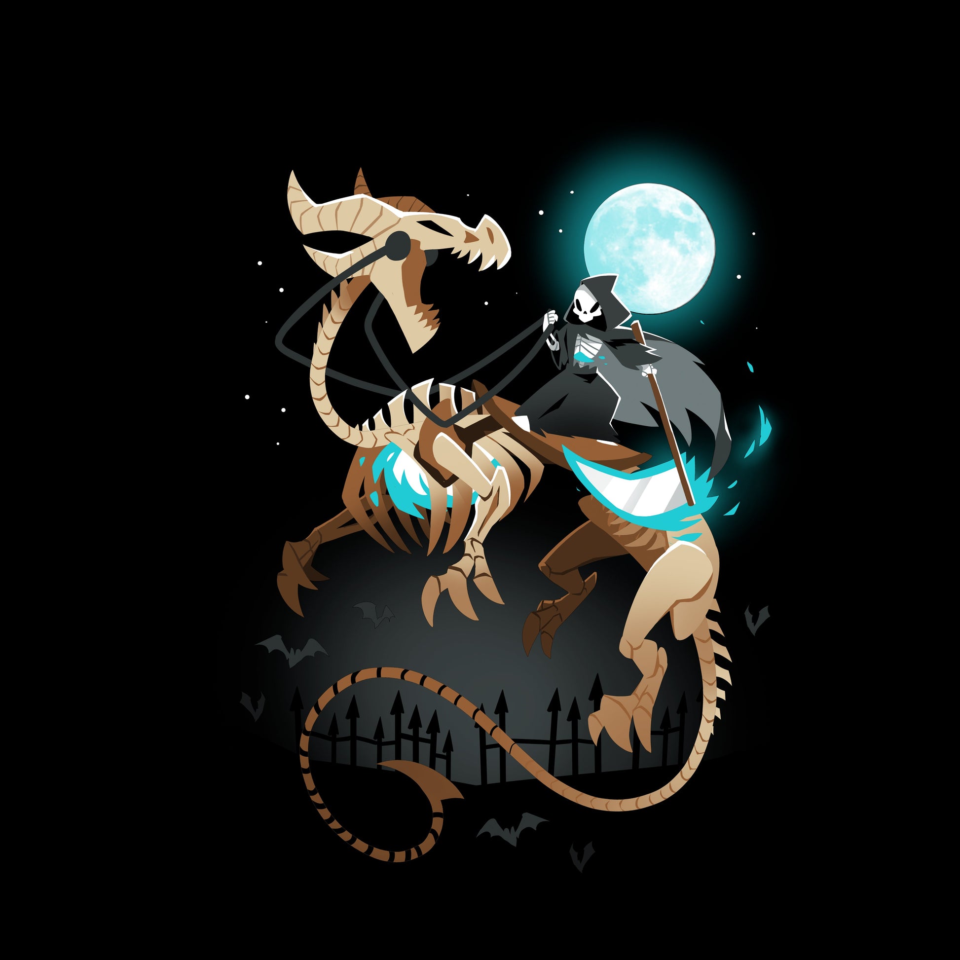 Classic Cotton T-shirt_TeeTurtle Grim Night black t-shirt featuring a grim reaper riding on a skeletal dragon under a spooky full moon.