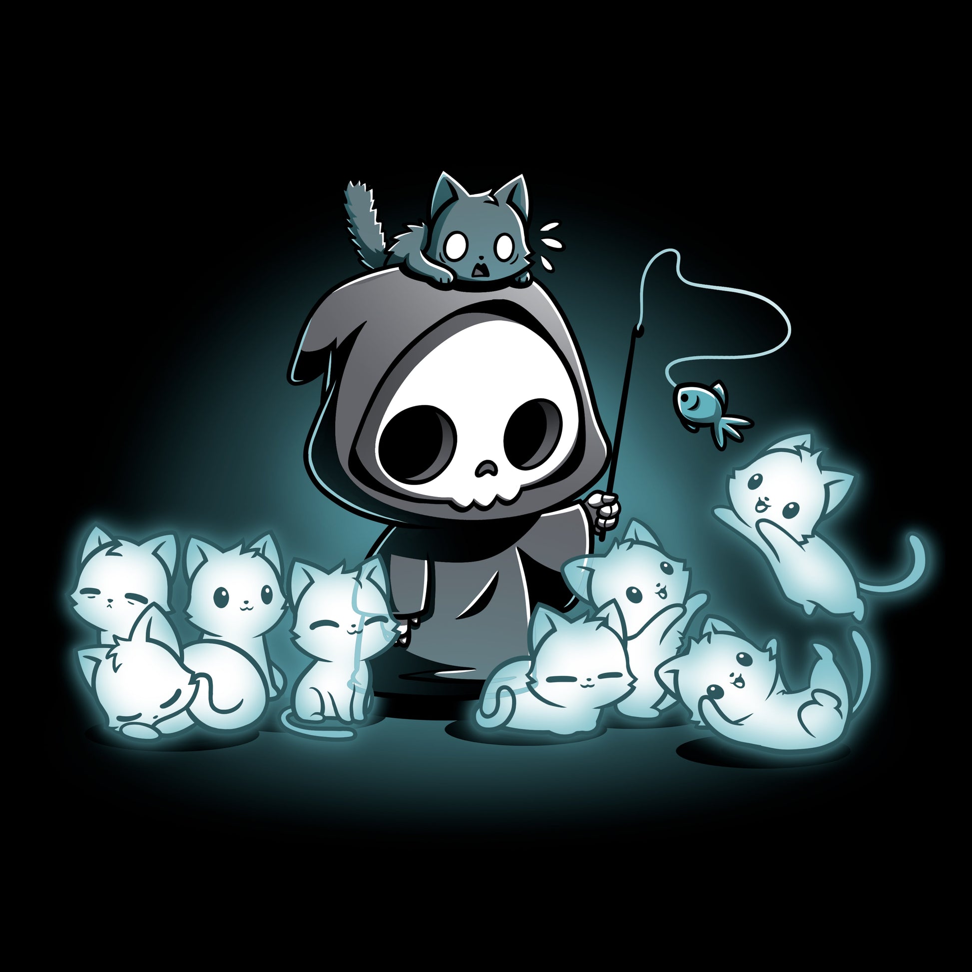 Pullover Hoodie_TeeTurtle Grim and Kitties black t-shirt featuring a hooded skeleton figure, resembling a spooky Grim Reaper, standing surrounded by glowing ghostly cats. One cat is perched on its head while it playfully dangles a toy fish in front of the others.