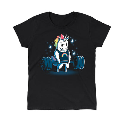 Classic Cotton T-shirt_TeeTurtle Gym Unicorn black t-shirt featuring an illustration of a white unicorn with rainbow hair wearing a black shirt with a rainbow on it lifting weights surrounded by stars. 