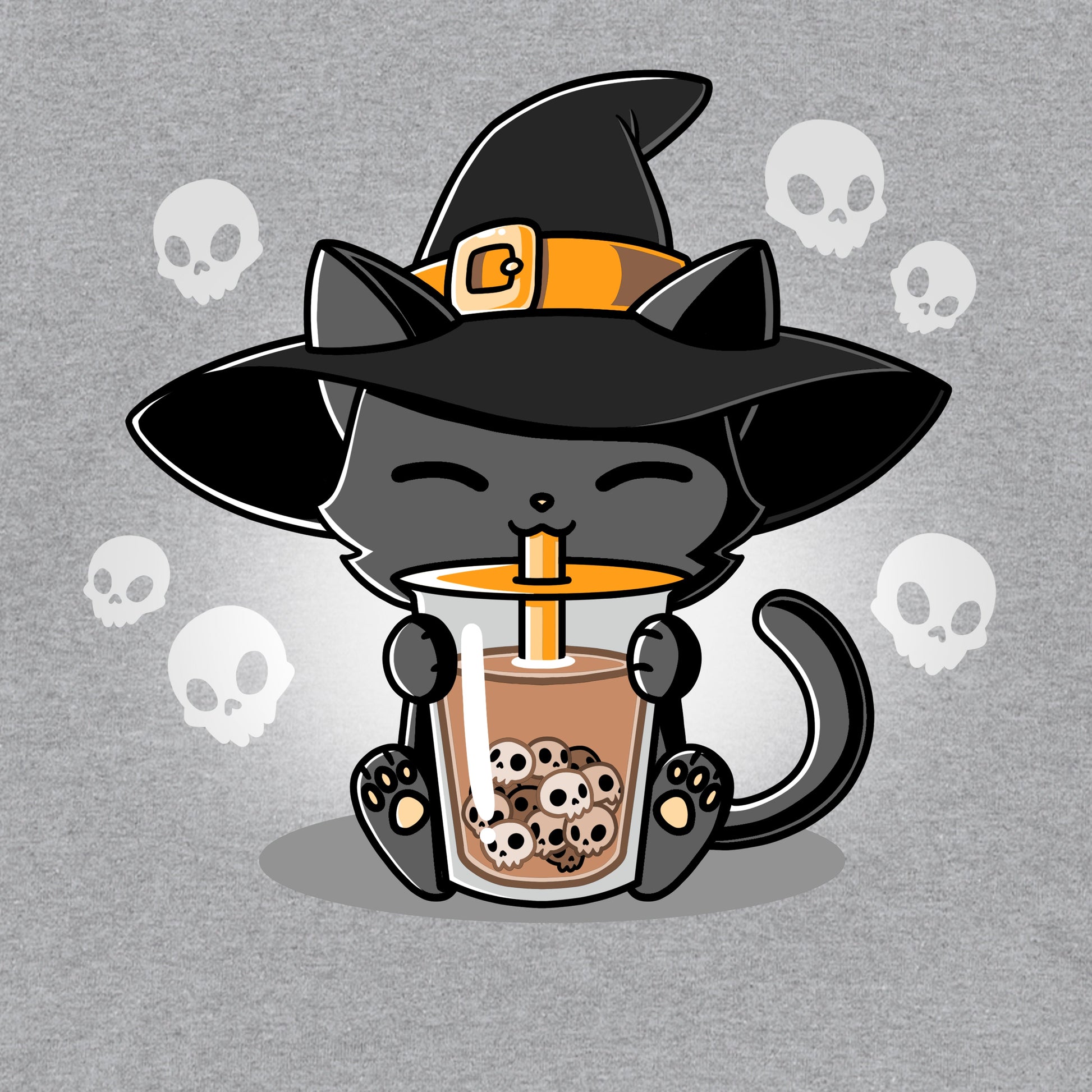 Long Sleeve T-shirt_TeeTurtle athletic heather Halloween Boba Cat. Featuring a cat with a witch hat sipping on drinking skull-shaped bubble tea.