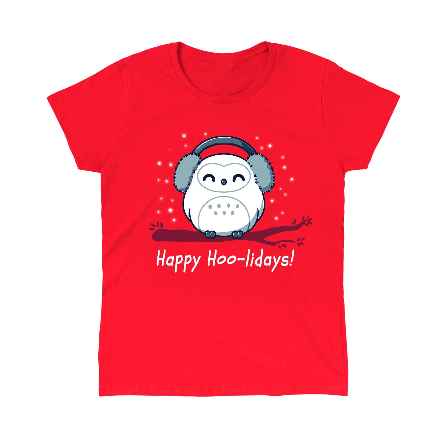 Classic Cotton T-shirt_TeeTurtle Happy Hoo-lidays red t-shirt featuring a cheerful snowy owl wearing earmuffs and sitting on a branch surrounded by falling snow.