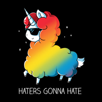 Classic Cotton T-shirt_Teeturtle Haters Gonna Hate black t-shirt featuring a llama-unicorn with a rainbow-colored fluffy body wearing sunglasses, walking confidently with the text "Haters Gonna Hate" below.