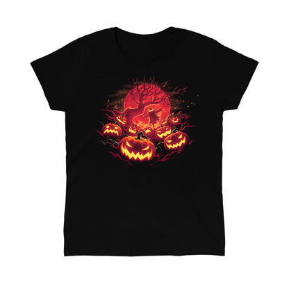 Classic Cotton T-shirt_TeeTurtle Haunted Pumpkin Patch black t-shirt featuring an illustration of glowing, orange-red jack-o-lanterns that show various expressions, such as mischievous grins and sinister scowls that surround a barren skeletal tree that reaches up out from the fiery full moon's edge.  A scarecrow with a jack-o-lantern head stands in the center of the image below the branches amongst the pumpkins.