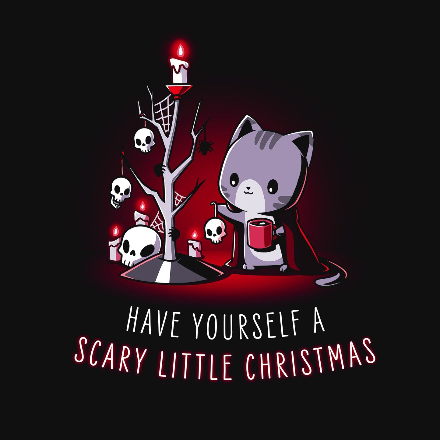 Classic Cotton T-shirt_TeeTurtle Have Yourself a Scary Little Christmas black t-shirt featuring an illustration of a gray cat holding a red coffee mug and wearing a red cape hanging skulls on a dead tree full of white skulls and spider webs and black spiders and lit white candles. "HAVE YOURSELF A SCARY LITTLE CHRISTMAS" is written underneath.