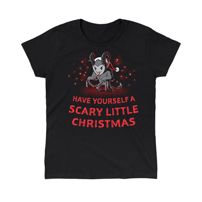 Classic Cotton T-shirt_TeeTurtle   Have Yourself a Scary Little Christmas (Krampus) black t-shirt featuring a horned creature wearing a Santa hat and holding chains, with the text "Have Yourself a Scary Little Christmas."