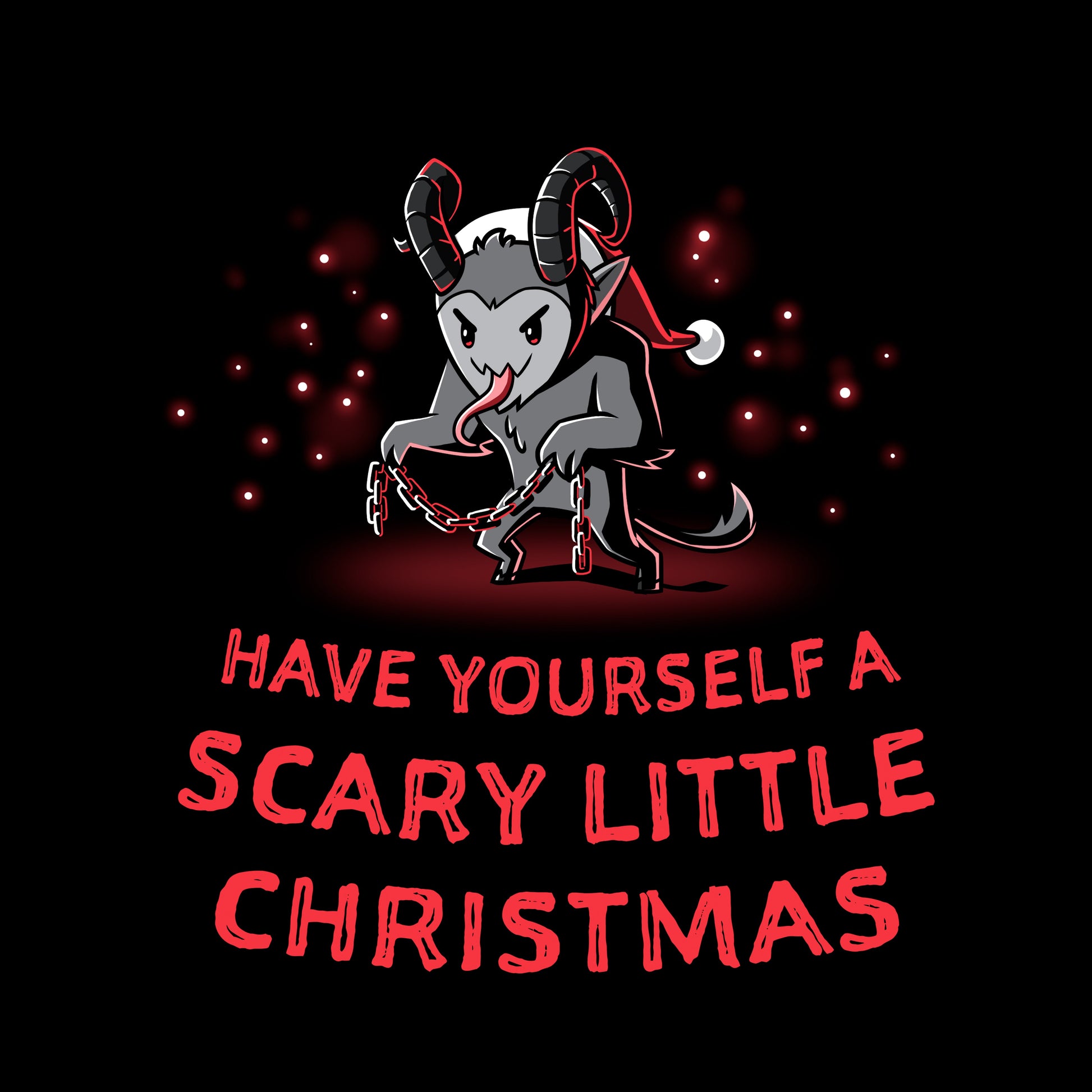 Classic Cotton T-shirt_TeeTurtle   Have Yourself a Scary Little Christmas (Krampus) black t-shirt featuring a horned creature wearing a Santa hat and holding chains, with the text "Have Yourself a Scary Little Christmas."