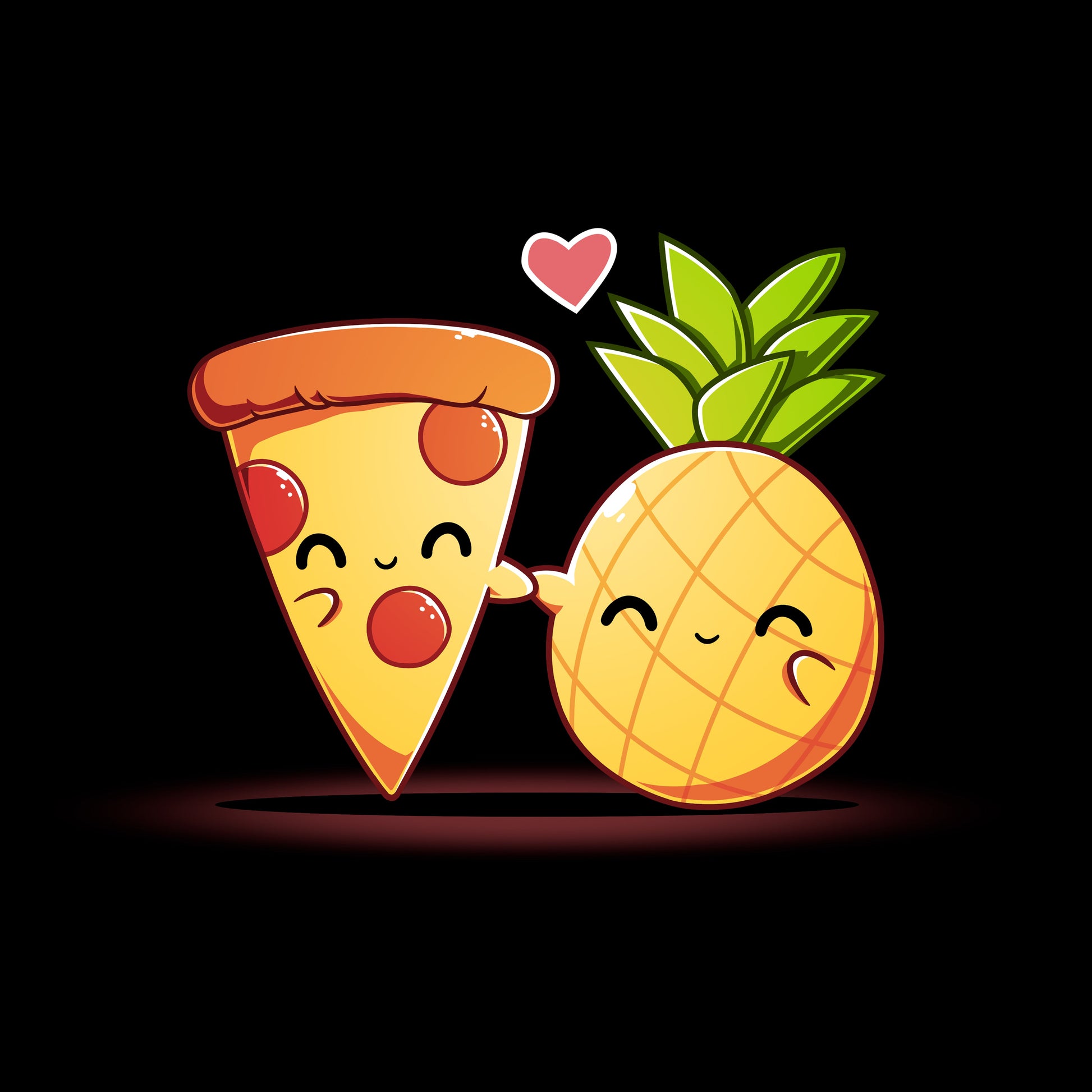 Classic Cotton T-shirt_Teeturtle Hawaiian Pizza black t-shirt featuring a slice of pepperoni pizza and a pineapple, both smiling and holding hands with a heart above them.