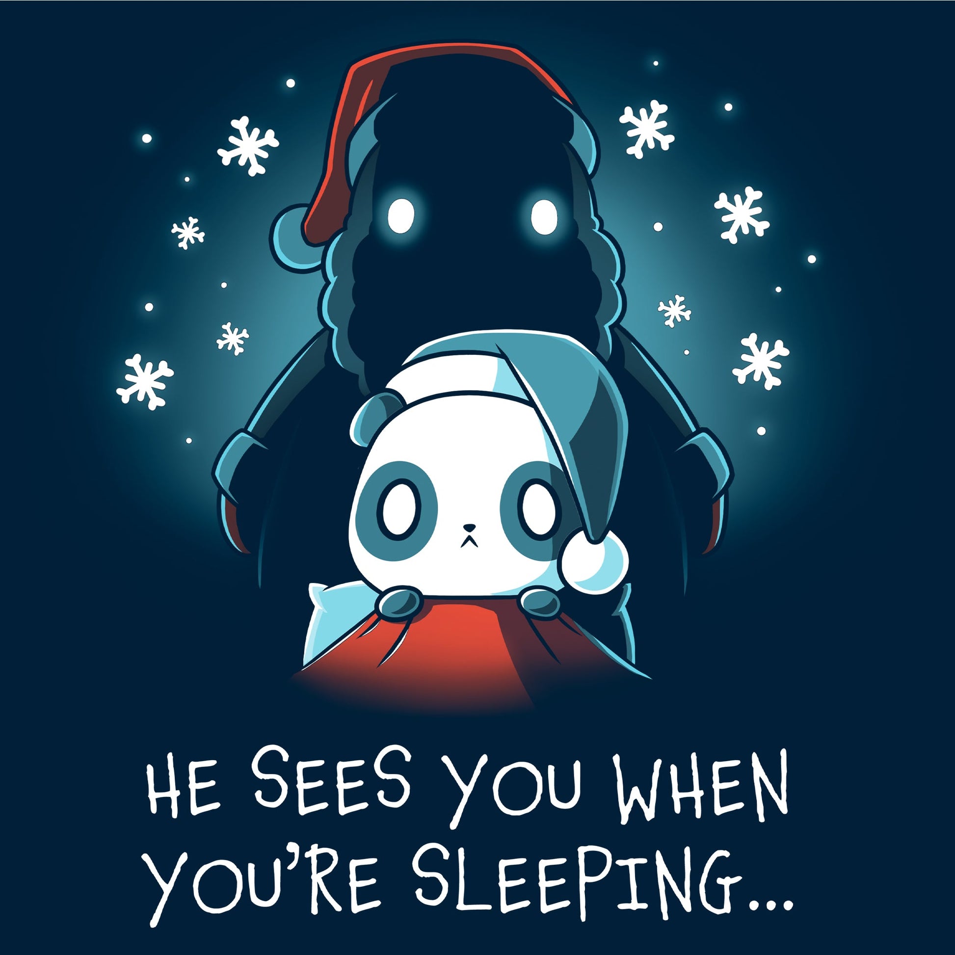 Crew Neck Sweatshirt_TeeTurtle He Sees You When You're Sleeping navy blue design featuring a dark figure wearing a Santa hat with glowing eyes standing behind a worried-looking panda in bed also wearing a Santa hat. The shirt reads "He Sees You When You're Sleeping...".