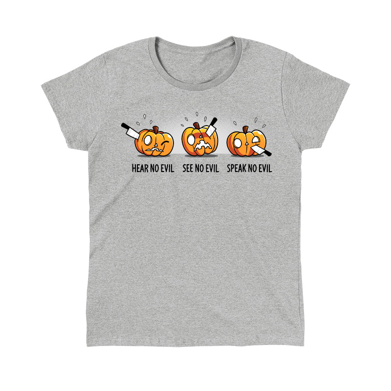 Classic Cotton T-shirt_TeeTurtle Hear No Evil, See No Evil, Speak No Evil sport gray t-shirt featuring three pumpkins with knives in each. One is getting its ears carved, the second is getting its eyes carved, and the third is getting its mouth carved.