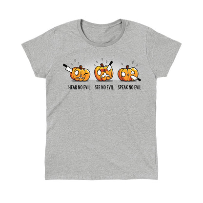 Classic Cotton T-shirt_TeeTurtle Hear No Evil, See No Evil, Speak No Evil sport gray t-shirt featuring three pumpkins with knives in each. One is getting its ears carved, the second is getting its eyes carved, and the third is getting its mouth carved.