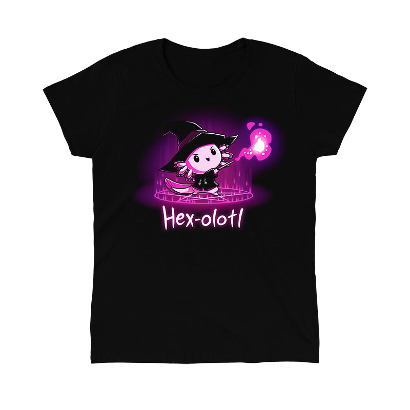 Classic Cotton T-shirt_TeeTurtle Hex-olotl black t-shirt featuring an illustration of a cartoon axolotl witch wearing a black witch's hat and black robe holding a wand and casting a spell with vibrant pink/purple magical energy emanating from the wand while standing on a pentagram with "Hex-olotl" written underneath. The colors within the design are a gradient of deep purple and magenta hues.