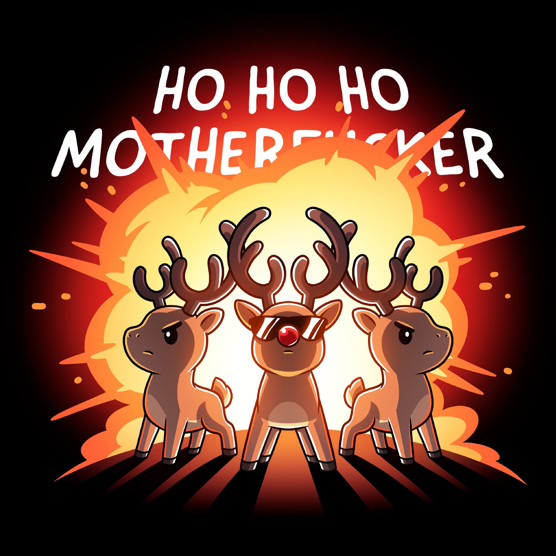 Crew Neck Sweatshirt_TeeTurtle black Ho Ho Ho Mother***ker apparel featuring three reindeer with an explosion behind them.