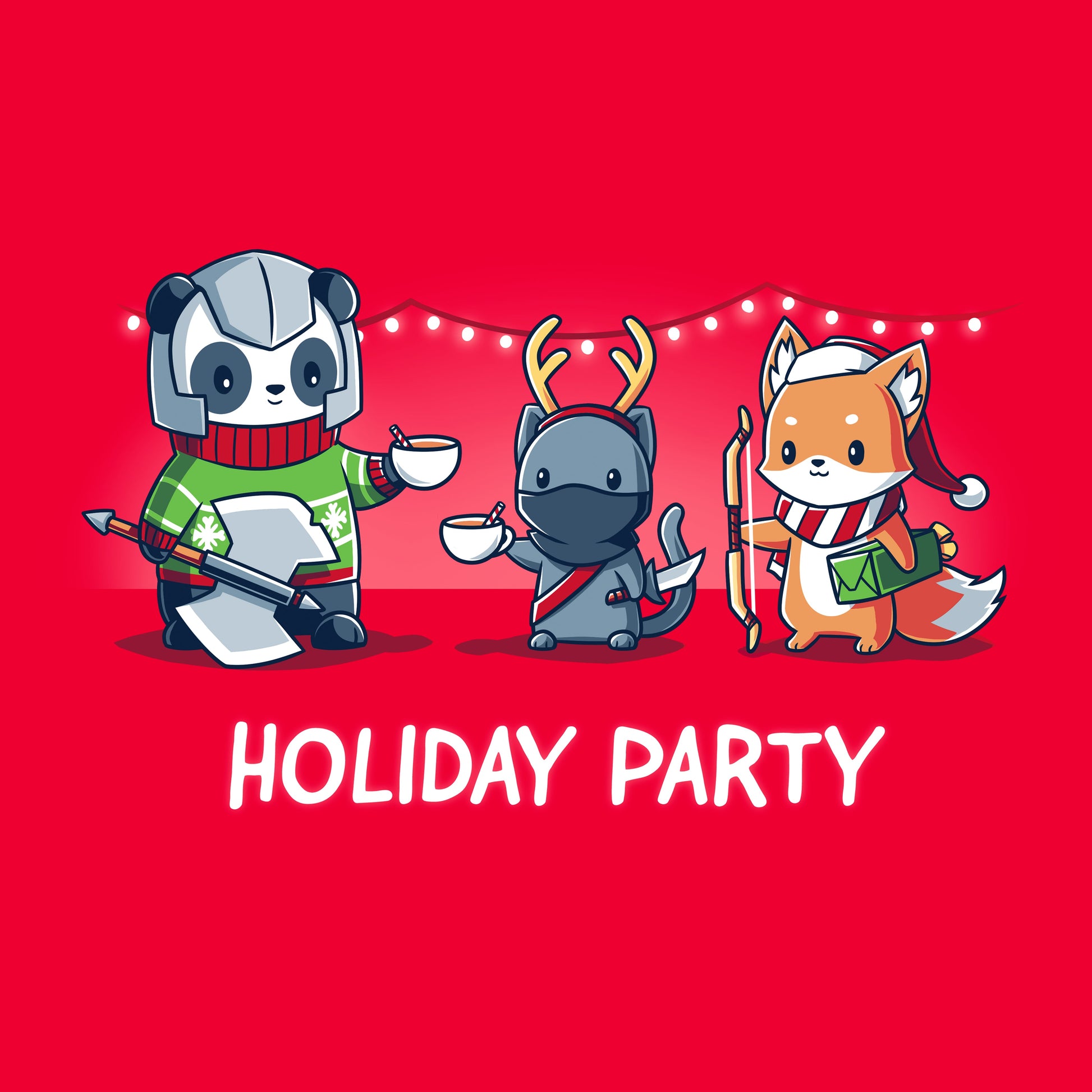 Classic Cotton T-shirt_TeeTurtle Holiday Party red t-shirt featuring a panda, cat, and fox dressed in their class gear with Christmas apparel over top. 