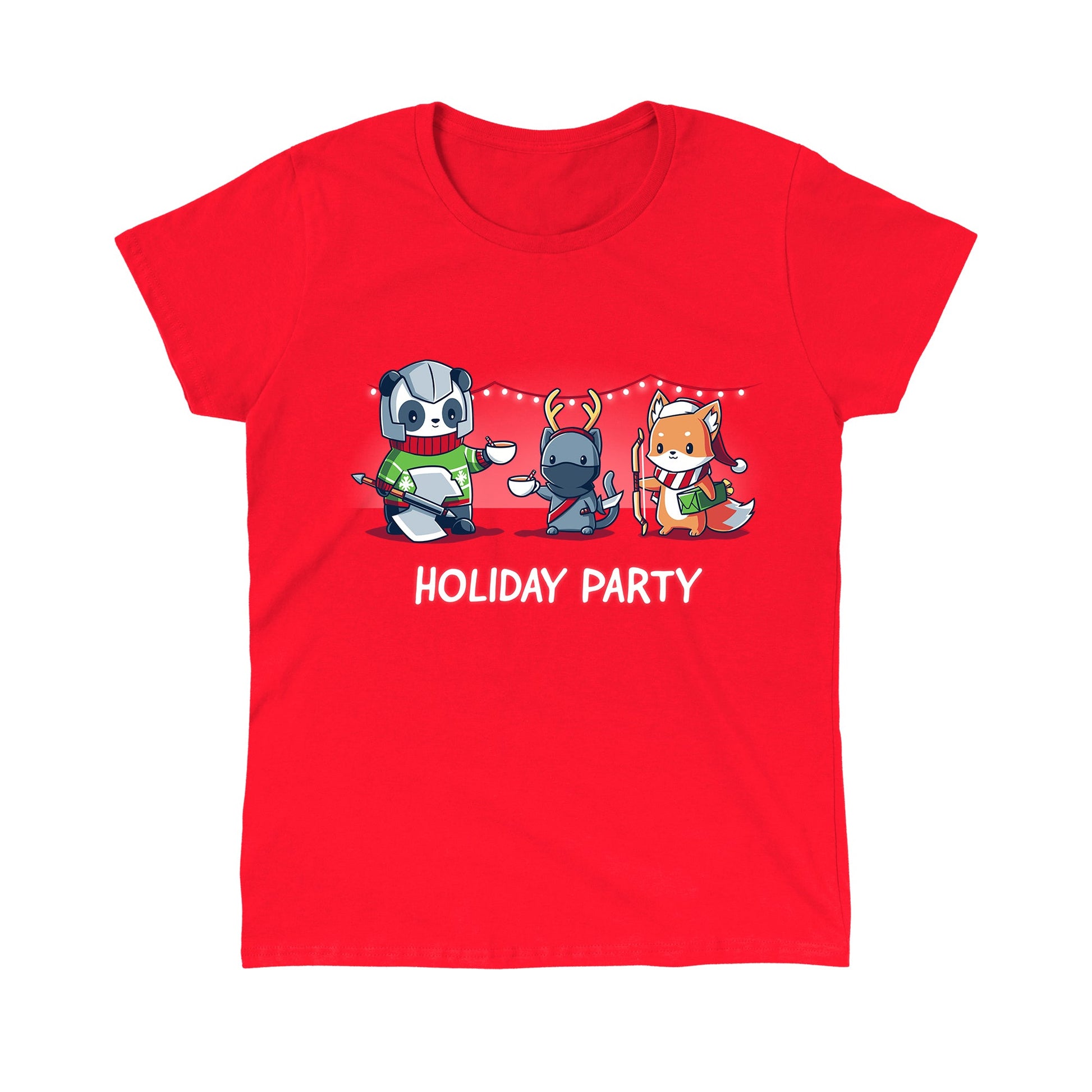 Classic Cotton T-shirt_TeeTurtle Holiday Party red t-shirt featuring a panda, cat, and fox dressed in their class gear with Christmas apparel over top. 