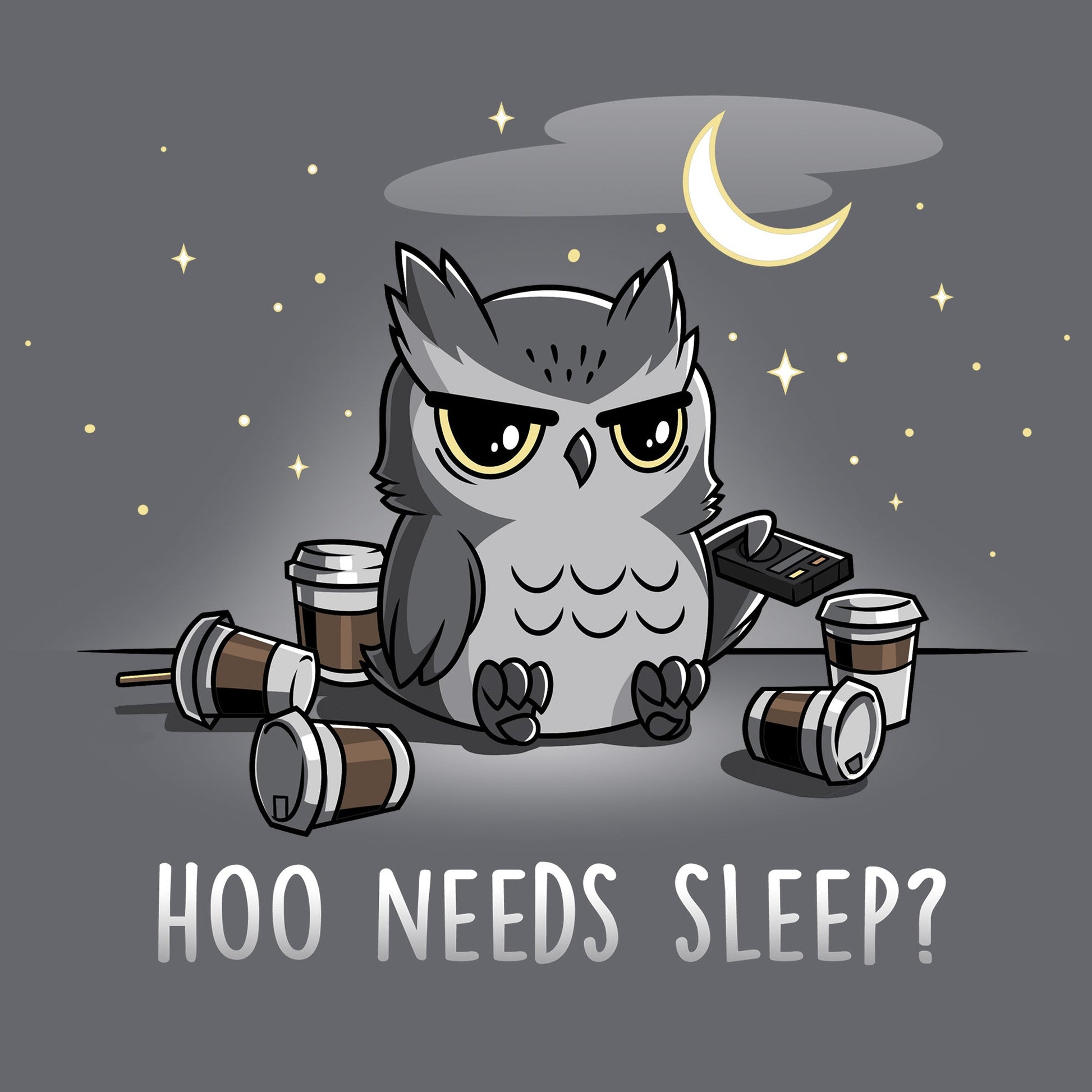 Classic Cotton T-shirt_Teeturtle Hoo Needs Sleep? charcoal gray t-shirt featuring an owl sitting with coffee cups and a TV remote, under a night sky with stars and a crescent moon. The text below reads "Hoo Needs Sleep?"