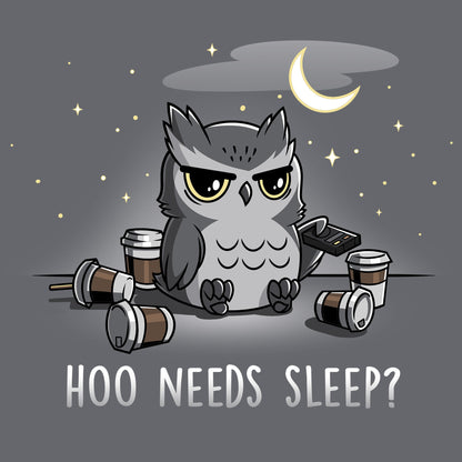 Classic Cotton T-shirt_Teeturtle Hoo Needs Sleep? charcoal gray t-shirt featuring an owl sitting with coffee cups and a TV remote, under a night sky with stars and a crescent moon. The text below reads "Hoo Needs Sleep?"