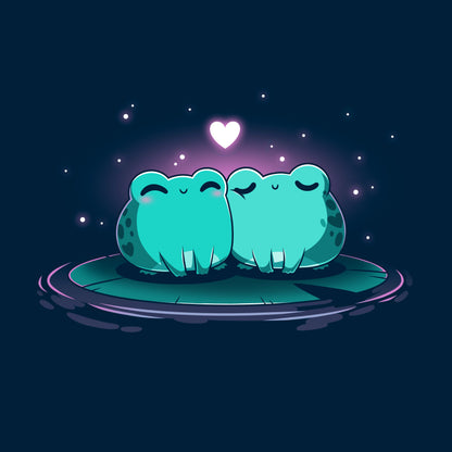 Classic Cotton T-shirt_TeeTurtle Hoppy Together navy blue t-shirt featuring two cute green frogs sitting together on a lily pad, surrounded by glowing stars with a floating heart above them.