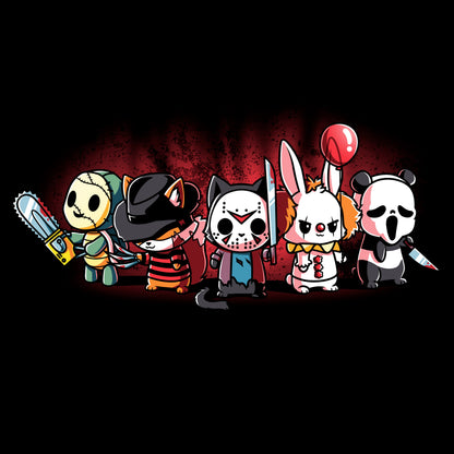 Classic Cotton T-shirt_TeeTurtle black Horror Crew. Featuring several animals dressed up as famous horror media characters.