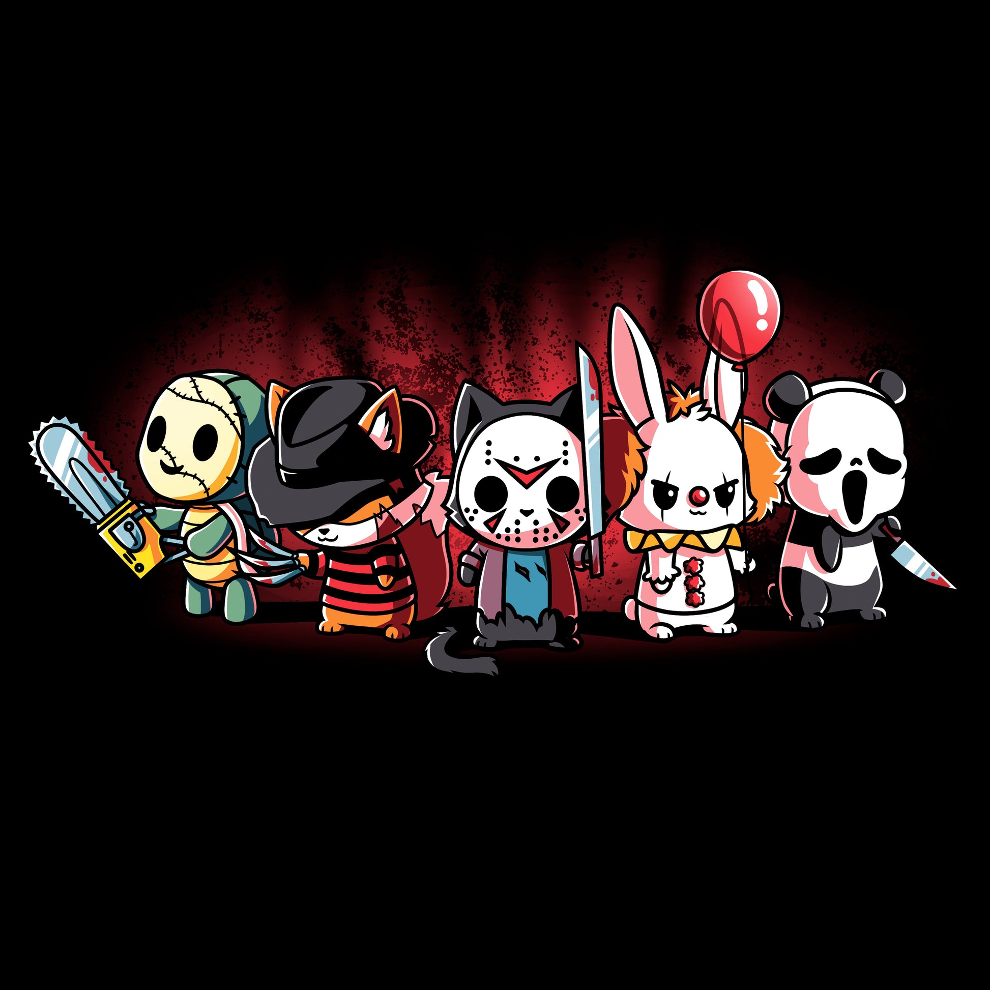 Pullover Hoodie_TeeTurtle black Horror Crew. Featuring several animals dressed up as famous horror media characters.