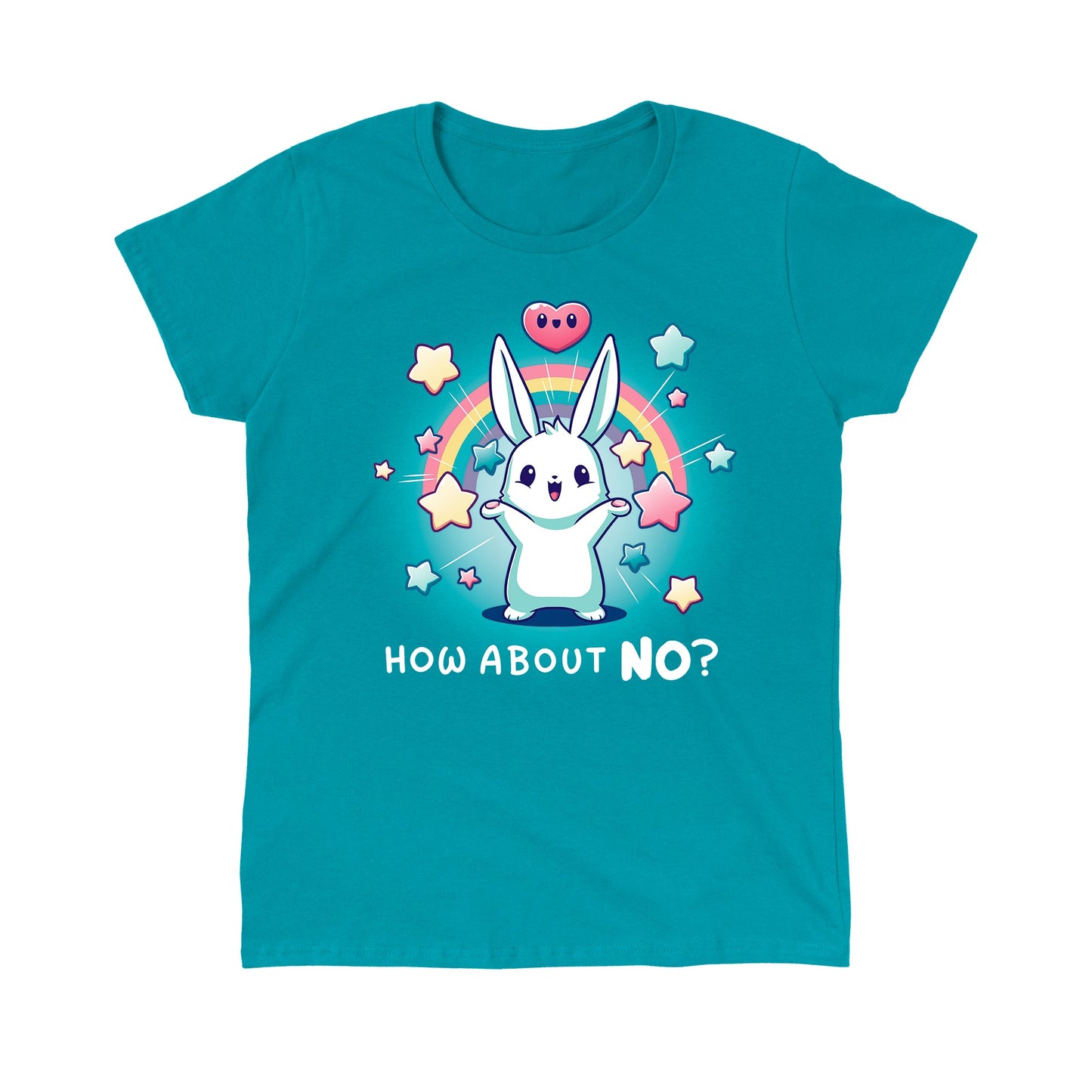 Classic Cotton T-shirt_TeeTurtle How About No? tropical blue t-shirt featuring a happy bunny with stars, hearts and rainbows. The text reads, "How About No?"