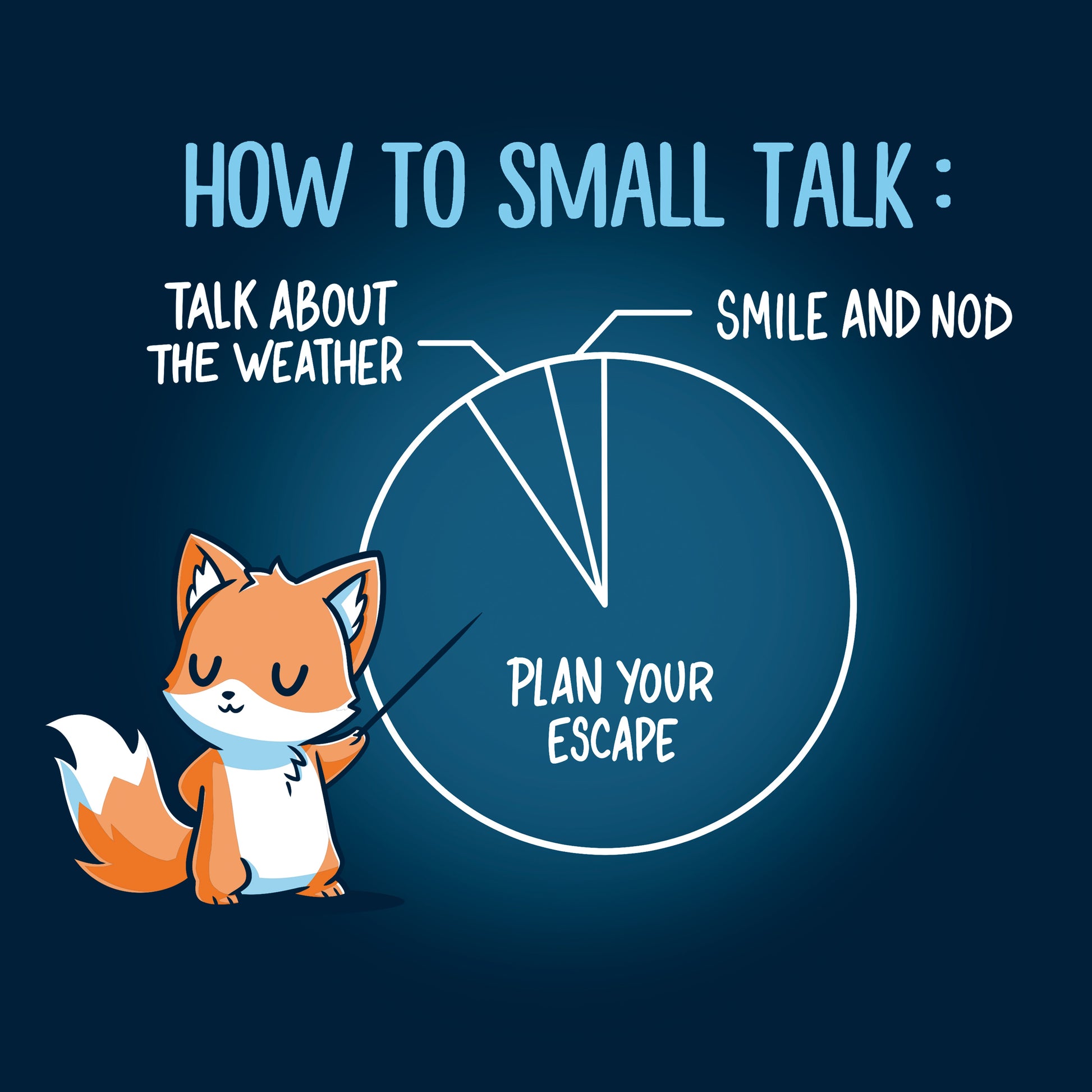 Classic Cotton T-shirt_TeeTurtle How to Small Talk navy blue t-shirt featuring an introverted fox pointing at a pie chart with three segments explaining small talk.