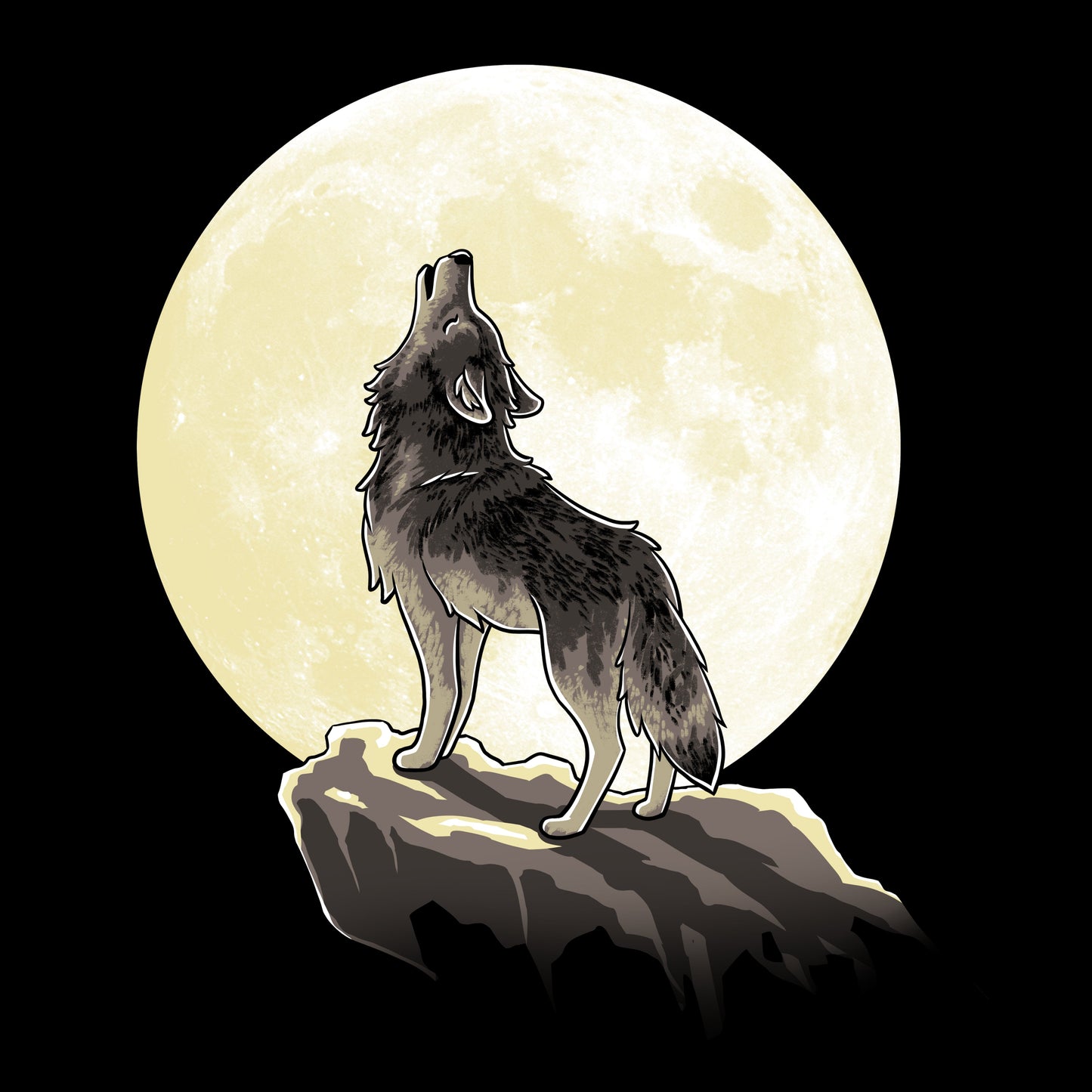 Classic Cotton T-shirt_TeeTurtle Howl at the Moon (Glow) black t-shirt featuring a wolf standing on a ledge howling with a full moon in the background.