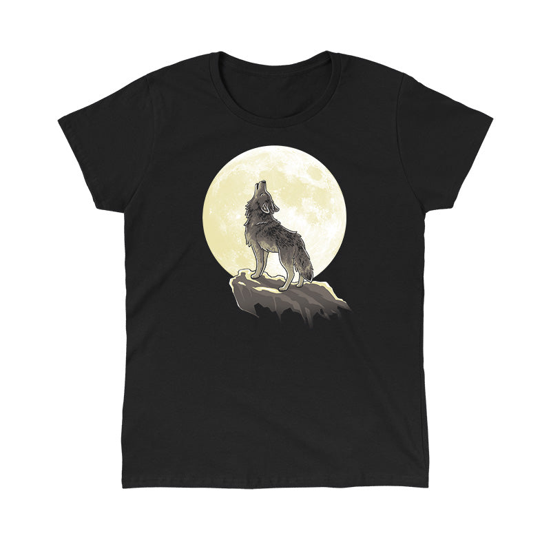 Classic Cotton T-shirt_TeeTurtle Howl at the Moon (Glow) black t-shirt featuring a wolf standing on a ledge howling with a full moon in the background.