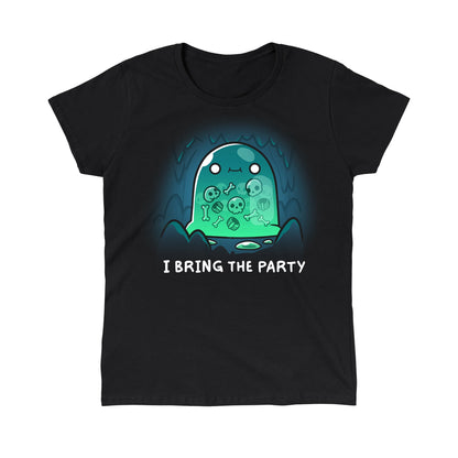 Classic Cotton T-shirt_TeeTurtle black I Bring the Party t-shirt featuring a giant slime monster with a small smile with multiple bones that can be seen in its transparent body inside a cave.