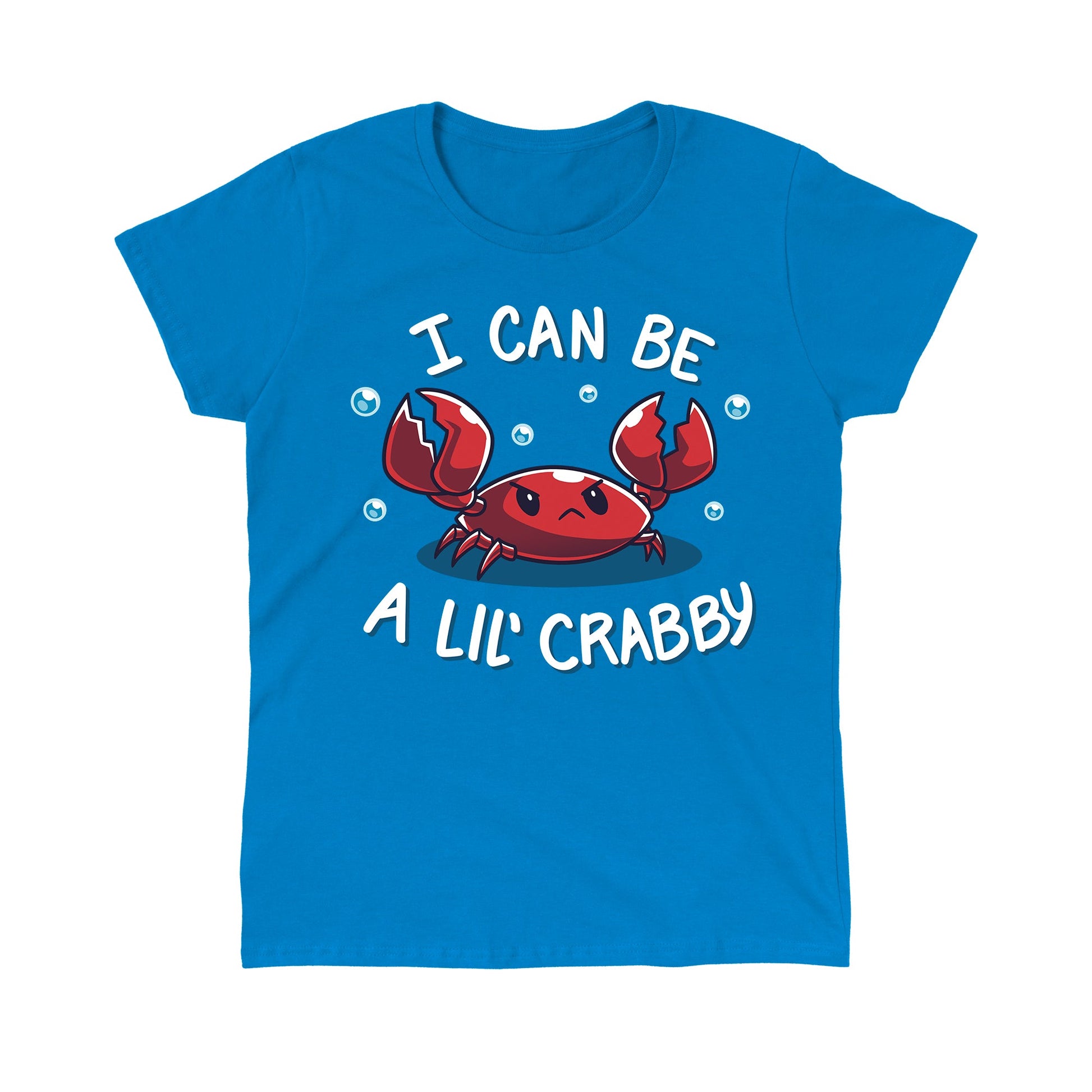 Classic Cotton T-shirt_Teeturtle I Can Be a Lil' Crabby sapphire blue t-shirt featuring a grumpy little cartoon crab with 'I can be a lil' crabby' written above and below the image.