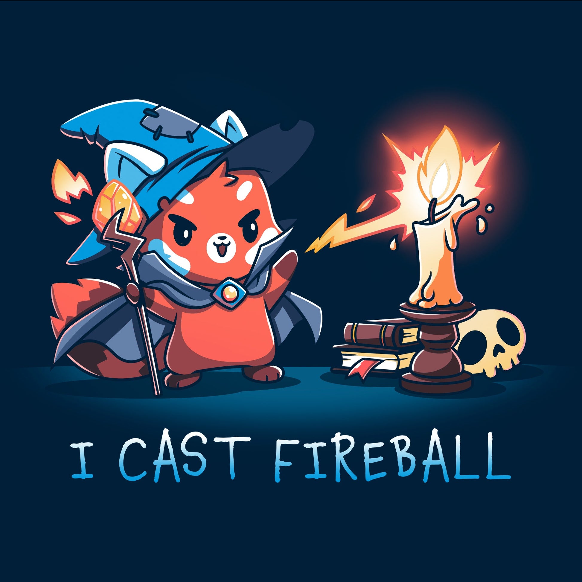 Crew Neck Sweatshirt_TeeTurtle I Cast Fireball navy blue t-shirt featuring a fox in a tabletop game wizard outfit with a staff who casts a fireball spell towards a candle, with the text "I CAST FIREBALL" below. A stack of books and a skull are in the background. 