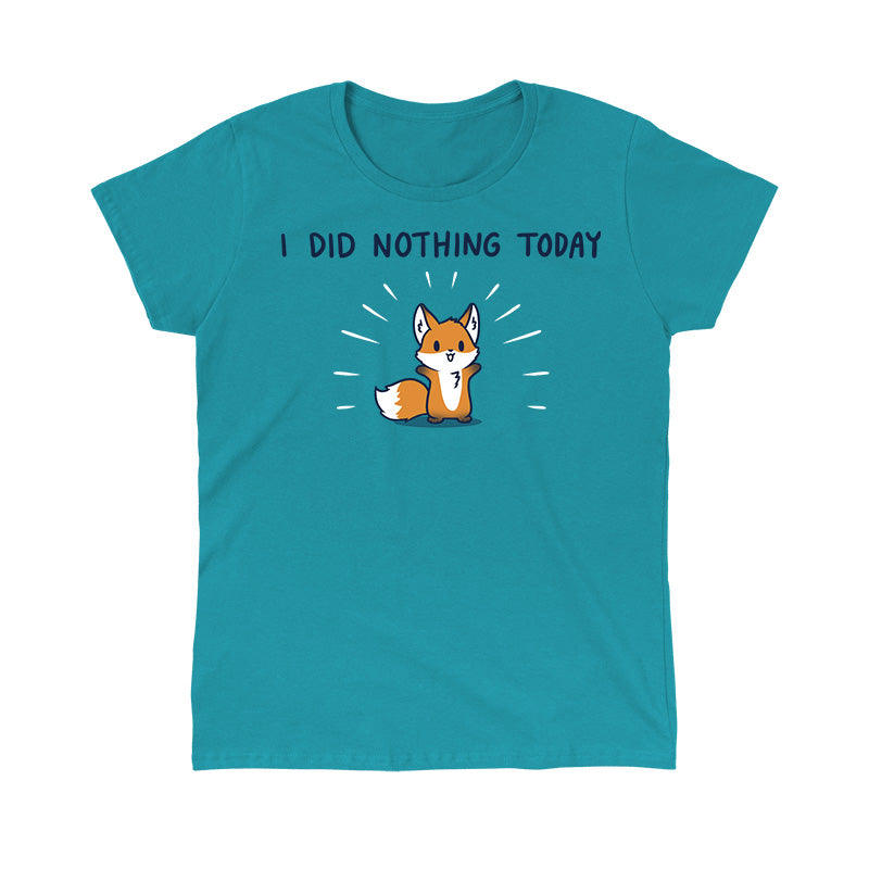 Classic Cotton T-shirt_TeeTurtle I Did Nothing Today tropical blue t-shirt featuring a happy fox standing with open arms. The text reads "I did nothing today."