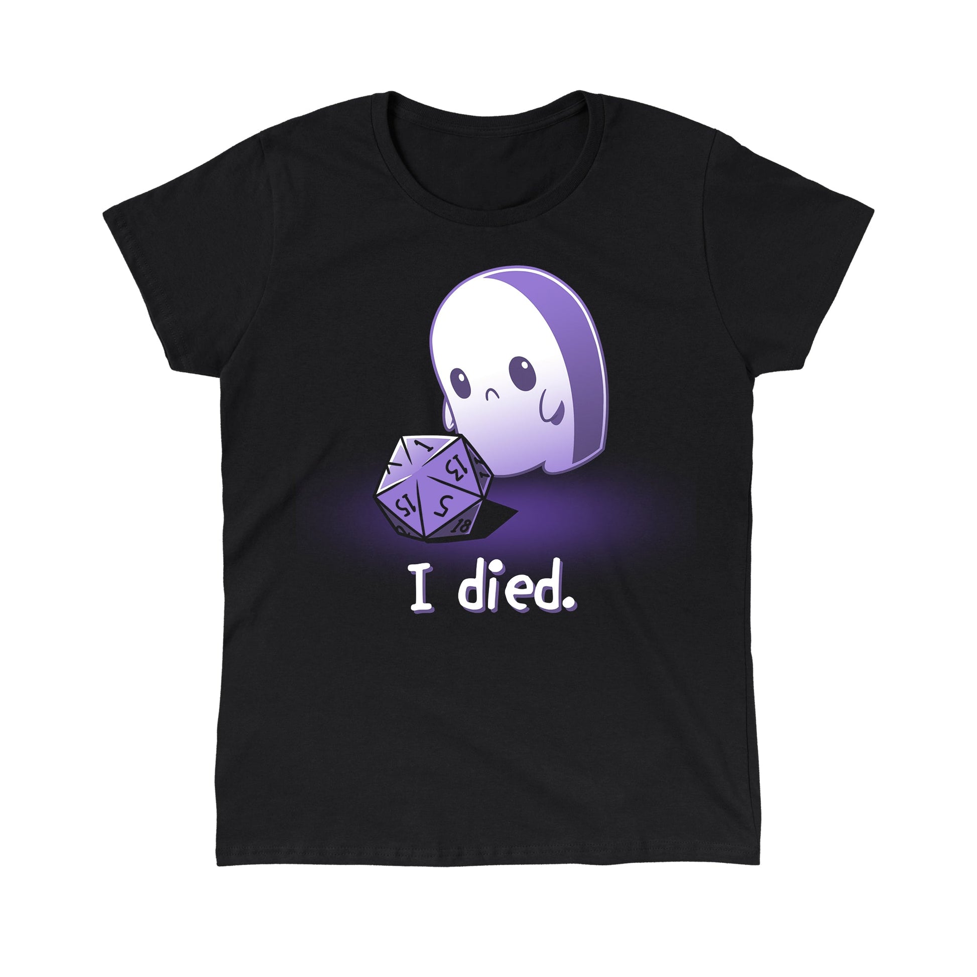 Classic Cotton T-shirt_TeeTurtle I Died. black t-shirt featuring a sad white ghost that rolled a D1 tabletop game dice with the text "I died." below.