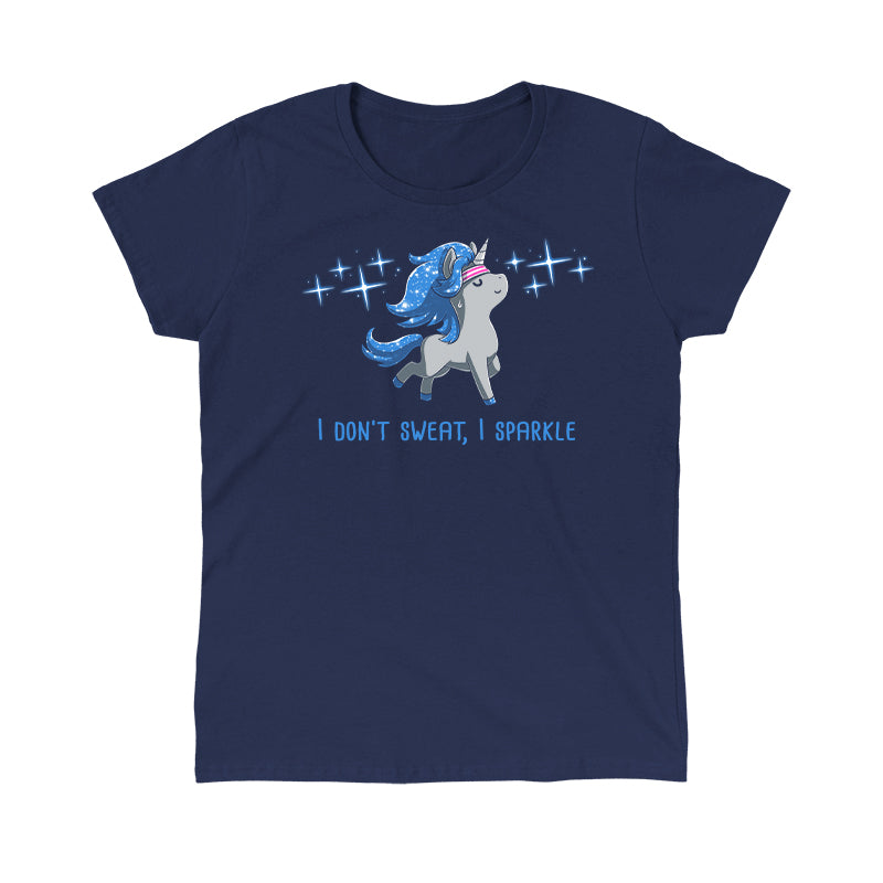 Classic Cotton T-shirt_TeeTurtle I Don't Sweat, I Sparkle navy blue t-shirt featuring a glistening unicorn with sweatband on, surrounded by sparkles.