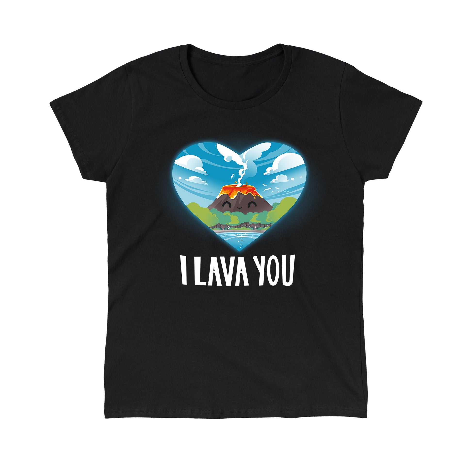 Classic Cotton T-shirt_An illustration of a smiling volcano with lava, surrounded by trees and water, inside a heart shape. The text below reads "I LAVA YOU." This I Lava You apparel by monsterdigital is made from super soft ringspun cotton for ultimate comfort. Suitable for everyone, it's the perfect unisex tee!