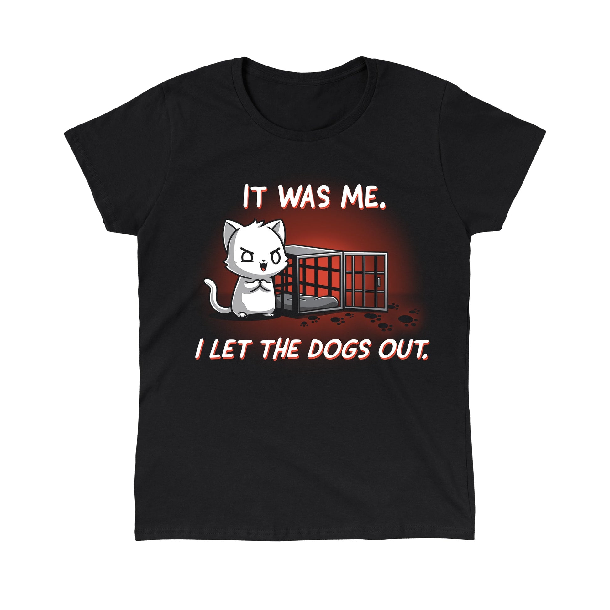 Classic Cotton T-shirt_TeeTurtle I let the dogs out black t-shirt featuring a cat next to an empty dog cage.