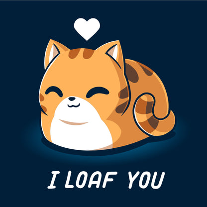 Long Sleeve T-shirt_TeeTurtle I Loaf You navy blue t-shirt featuring a smiling, loaf-shaped orange cat with a heart above its head and the caption "I Loaf You."