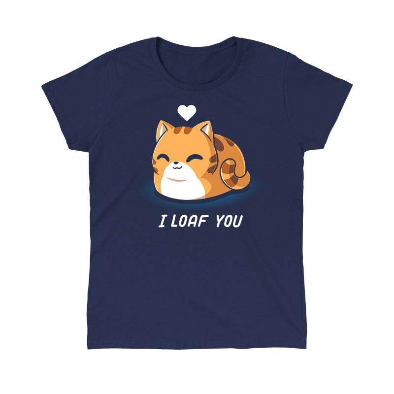 Classic Cotton T-shirt_TeeTurtle I Loaf You navy blue t-shirt featuring a smiling, loaf-shaped orange cat with a heart above its head and the caption "I Loaf You."