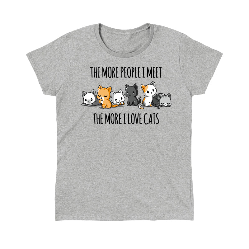 Classic Cotton T-shirt_TeeTurtle I Love Cats heather gray t-shirt featuring an illustration of six cats sitting in a row with the text "The more people I meet, the more I love cats."