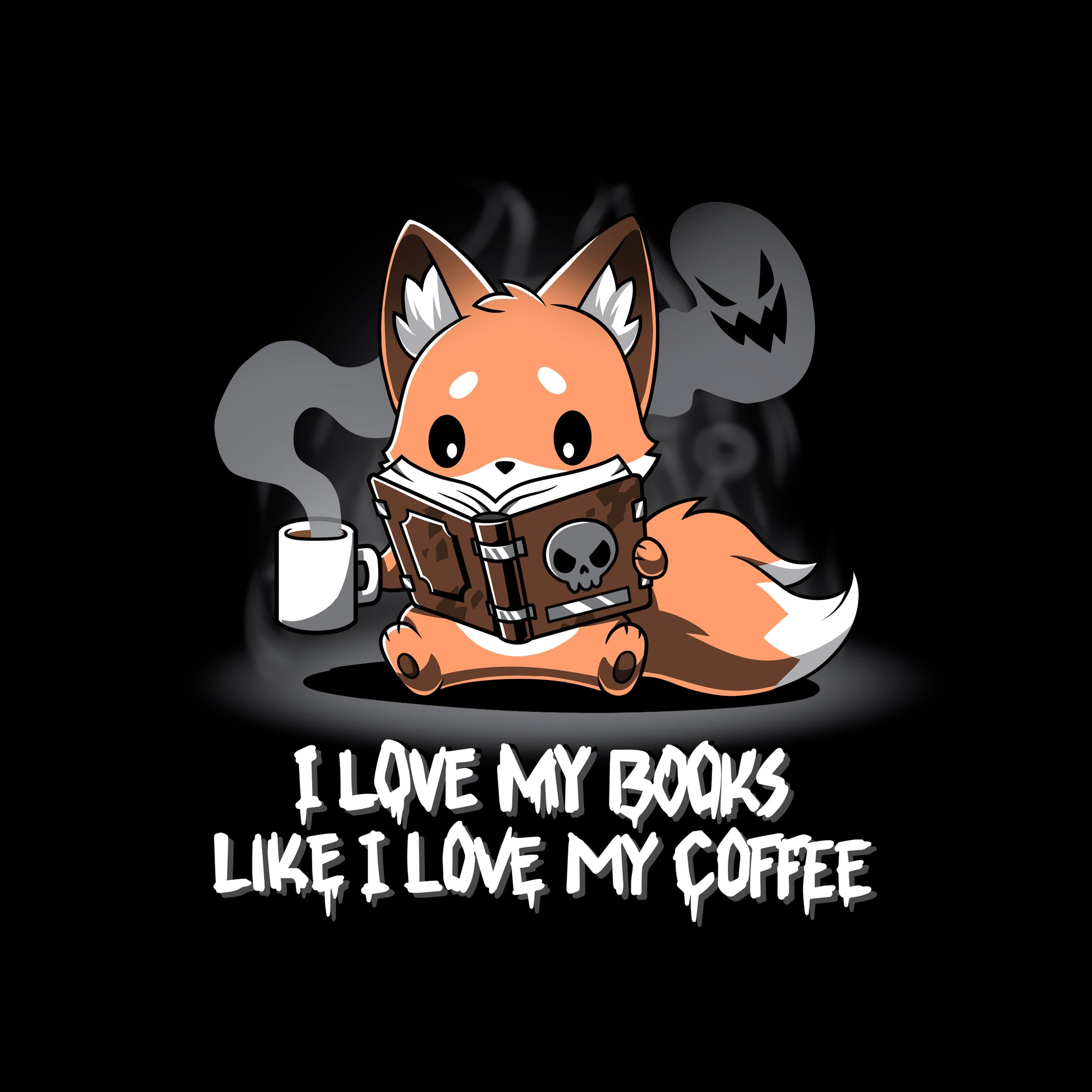 Classic Cotton T-shirt_Teeturtle I Love My Books Like I Love My Coffee black t-shirt featuring a fox holding a steaming coffee cup and reading a book with a skull on the cover. Text below reads: "I love my books like I love my coffee."