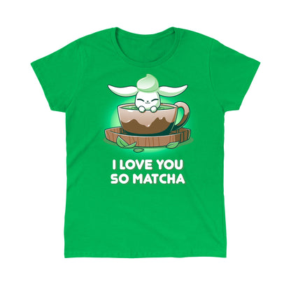 Classic Cotton T-shirt_Teeturtle I Love You So Matcha Irish green t-shirt featuring a cute little white-furred bunny peeking out of a cup of Matcha Tea with 'I Love You So Matcha' beneath.