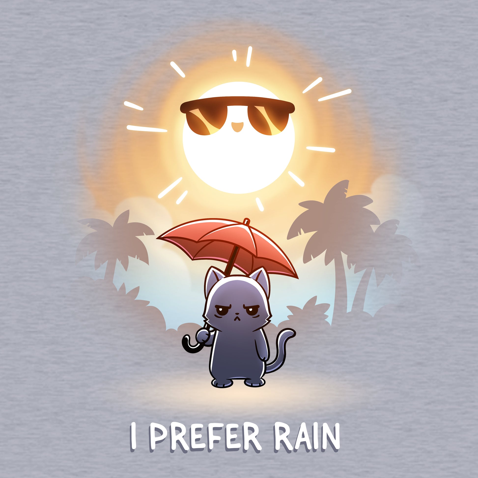 Classic Cotton T-shirt_TeeTurtle heather gray I Prefer Rain featuring a grumpy cat holding an umbrella with the sun shining overhead.