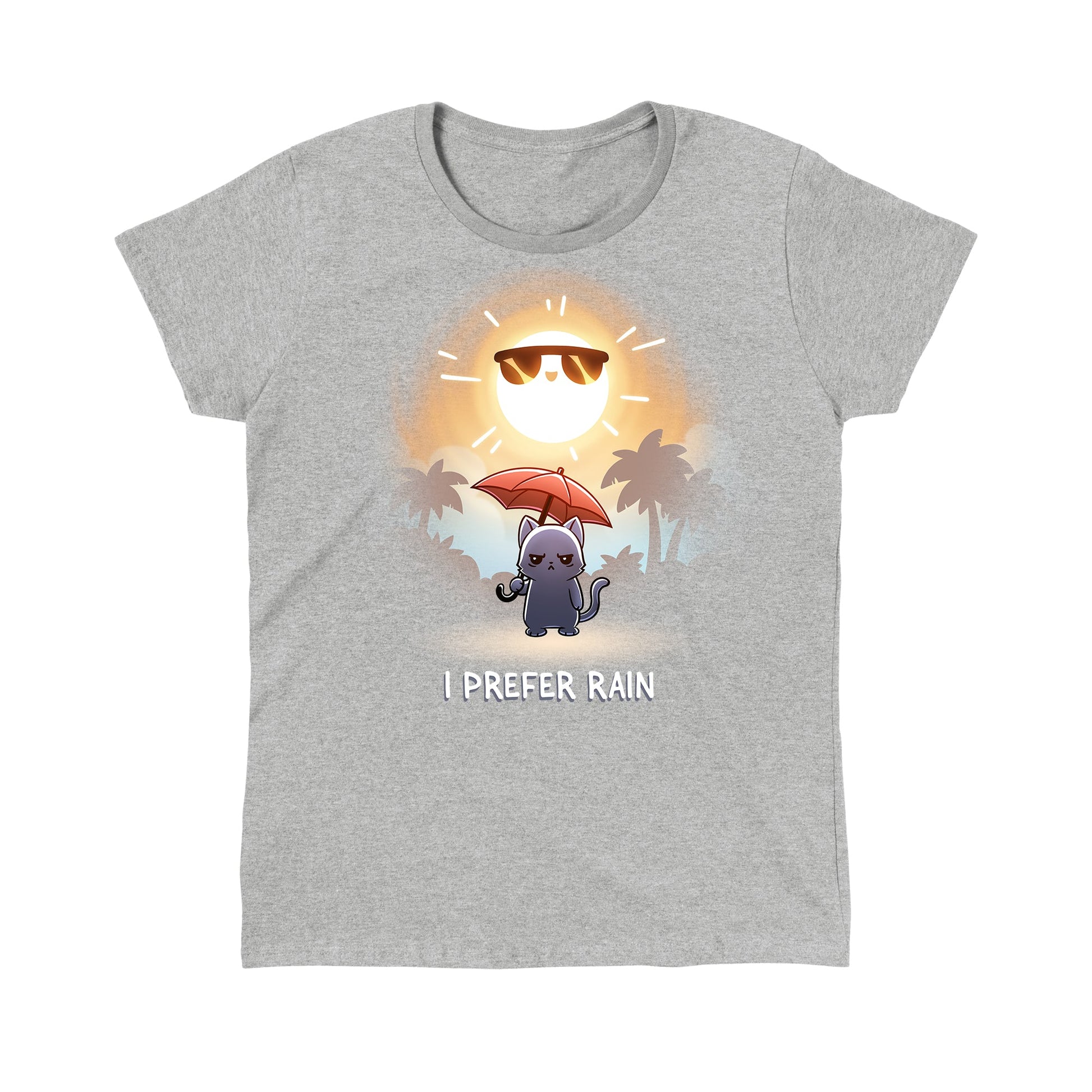 Classic Cotton T-shirt_TeeTurtle heather gray I Prefer Rain featuring a grumpy cat holding an umbrella with the sun shining overhead.